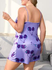 Plus Size Cherry Print Spaghetti Strap Minimalist Top And Shorts Pajama Set - Purple - View 2