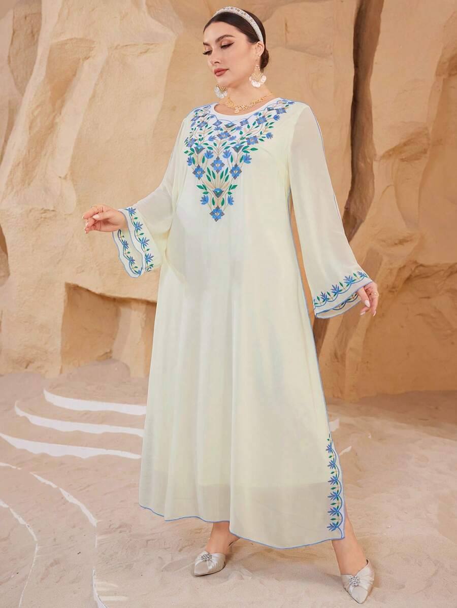 Al Najma Plus Size Embroidered Arabic Long Sleeve Round Neck Long Kaftan Dress,Modest - Apricot - View 1