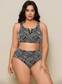 SHEIN Swim Curve 大码 2 件套斑马纹面料 V 形棕褐色休闲女士比基尼套装，夏季海滩度假 - 黑與白 - 查看 3