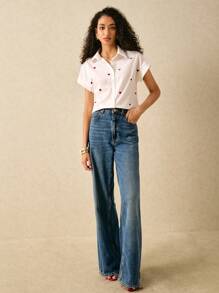 Poéselle 女士休闲心形印花短袖衬衫夏季衬衫白衬衫白衬衫茶会服装办公室服装夏季衬衫夏季上衣 - 白色 - 查看 2