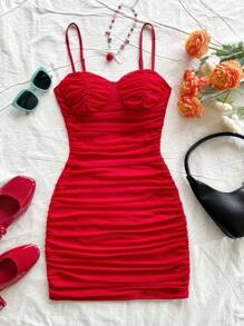 Soleia Mesh Ruched Strappy Mini Dress,Red,Summer,70's,Club Night,Party Disco,Bohemian,Music Festivals,Vacation,Holiday,Afternoon Tea,Date,Red Color Dress - Red - View 3