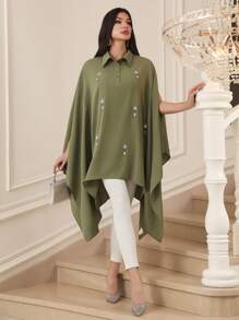 Al Najma Handgefertigtes Hemd mit asymmetrischem Saum, elegant und stimmungsvoll, Damen Arabische Bekleidung Oberteil, einfarbig, einfache Mode, Lässig, Alltag - Armeegrün - Übersicht 4