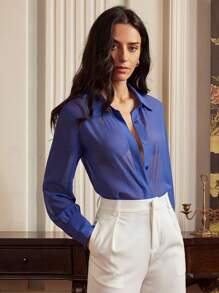 Anewsta Elaire Lightweight Luxury Glittery Chiffon Blue Long Sleeve Casual Sheer Women Blouse, Business Casual, Elegant, Spring