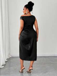 Maweii Plus Size Women's PU High Elastic Tight Hem Gathered Sleeveless Asymmetric Neck Dress - Black - View 6