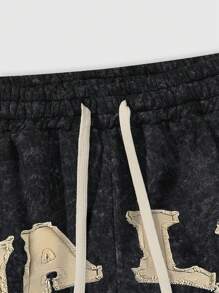 ROMWE MEN Street Life Men's Grunge Embroidery Casual Shorts, Minimalist & Fashionable For Daily Wear - Black - View 3