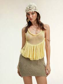 SHEIN LUNE Women's Backless Butter Yellow Retro Spaghetti Strap Knitted Camisole Top, Sexy & Vacation Wear For 25 Spring&Summer - Yellow - View 4