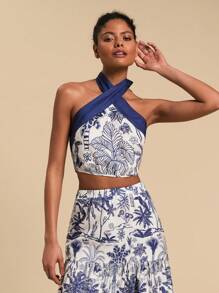 Travachic Patterned Open Back Tank Top, Minimalist Fashion Casual Daily Wear - Blue and White - View 3