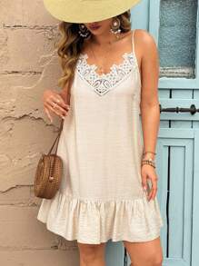 Breezaya Vestido camisero con volantes en el bajo y panel de encaje guipur de talla grande