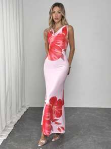 Chiquease Vestido con cuello drapeado y estampado floral