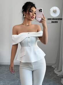 Elenzga Blusa con hombros descubiertos, volante en el bajo y corazón de pedrería para mujer - Blanco - Ver 1