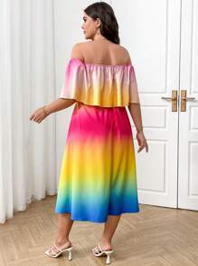 SHEIN Clasi Vestido elegante con hombros descubiertos, volantes y degradado para mujer talla grande - Multicolor - Ver 2