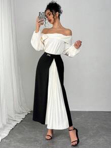 Modelyn Women's Elegant Off Shoulder Pleated Skirt 2 Pieces Set, Suitable For Work, Party And Daily Wear