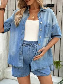 SHEIN Chaqueta vaquera azul de manga corta holgada informal para embarazadas, chaqueta de verano y primavera para mujeres, apta para fiestas, vacaciones, citas, el Día de San Valentín, el té de la tarde, atuendos de verano, para primavera/verano, vacaciones, apropiada para el verano, regalo del Día de la Madre