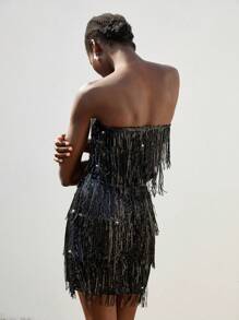SHEIN Privé 女士音乐节时尚性感派对重度串珠亮片流苏短款上衣/抹胸，可搭配裙子 - 黑色 - 查看 2