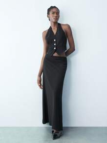 Maija 女式 V 领修身腰部西装背心和长裙，现代都市百搭春夏商务休闲装，黑色两件套 - 黑色 - 查看 7