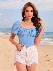 SHEIN EZwear Damen Lässig einfarbige gestrickte Bluse mit quadratischem Ausschnitt und kurzen Ärmeln, tailliert geschnitten, Valentinstag/Feiertag, Sommermode Frühling für Damen Streetwear für Damen Strandmode