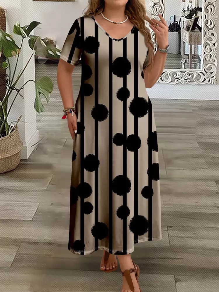Plus Size Women's Casual Polka Dot V Neck Short Sleeve Dress, Suitable For Summer Suitable For Going Out Chic Dress,Spring/Vacation, Spring Break