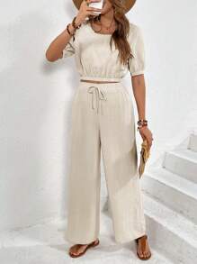 SHEIN Frenchy Set de 2 piezas con top de cuello cuadrado de color liso y pantalón largo para mujer, uso casual elegante y sencillo para uso diario - Albaricoque - Ver 6