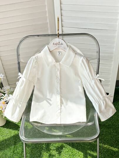 Girls White Bow Sleeve Blouse: Cute And Casual Korean Style Top For Kids