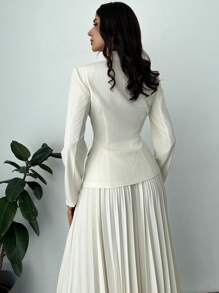 SHEIN Privé Women's New Elegant And Commuting Button Decorated Waist Slimming ,Long Sleevele Tops Suit Blazer With Button Tabs & Pleated High Waisted Skirt Two Pieces Set,Slim-Fit Suit,Casual Suit Jacket Set, Business Suit Jacket Set, Pleated Skirt Set,Wedding Set,Solid Color Two Pieces Set, Commuting Two Pieces Set, Teacher Two Pieces Set In Fall/Winter - Apricot - View 7