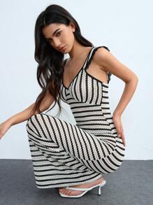 Lumivelle Vestido largo de punto de mujer con mangas cortas y diseño a rayas