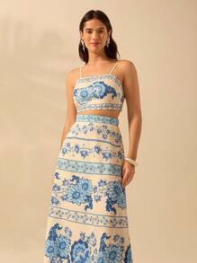 CAJUNI Women's Boho Tropical Plant & Flower Blue Print Skirt, Vacation Casual Summer Skirt