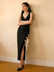 Uhlyne Ärmeloses elegantes sexy Bindeknoten Farbblock Maxikleid aus Strick für Damen