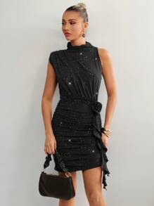 SHEIN Clasi Women's Elegant High Neck Woven Texture Ruched Black Mini Bodycon Dress, Elenzga Women's Fashionable Casual Elegant Sexy Short Sleeve Dress, Round Neck, Black Elastic Knit Fabric, Fitted Silhouette, 3D Floral Print, Spring/Summer