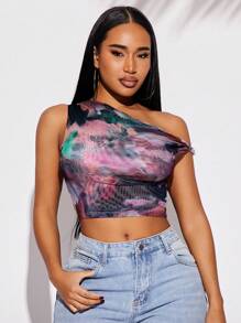 SHEIN SXY Blusa asimétrica de hombro abierto con estampado de teñido anudado en colores, versátil para uso casual, salidas, fiestas, clubes, citas, vacaciones, playa