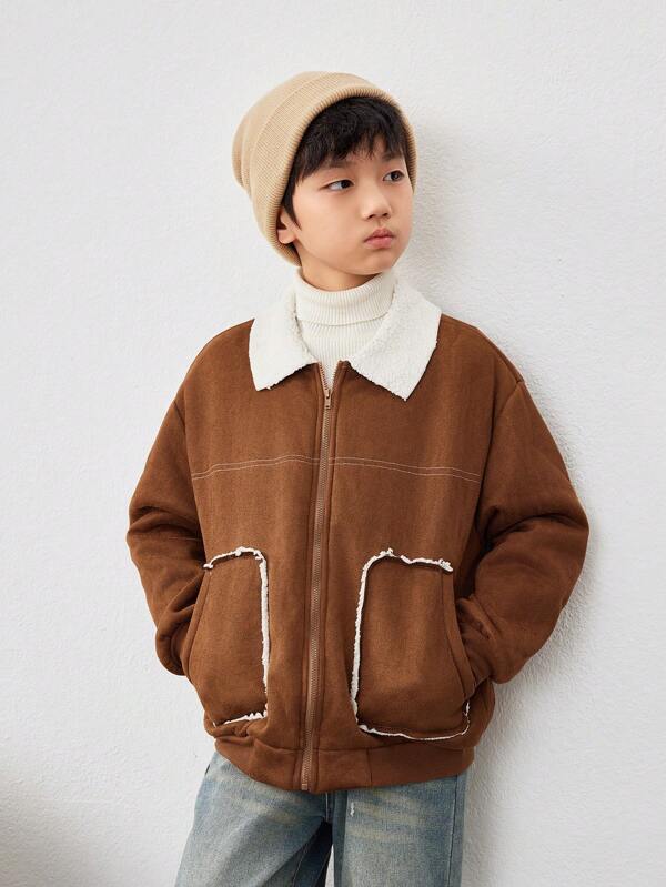 Tween Boys' Casual Loose Fit Thermal Lined Jacket, Korean Fashion Style For Outdoor Sports, School And Casual Wear, Suitable For Autumn/Winter