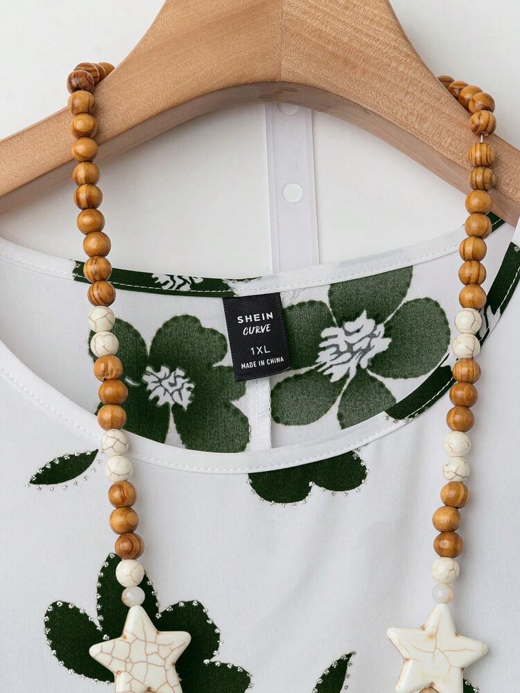 EMERY ROSE Plus Size Women Summer Floral & Rhinestone Round Neck Tee + Solid Woven Wide Leg Pants 2pcs Casual Outfits - Dark Green - View 4