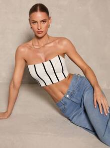 Glamine Top court bandeau ajusté rayé minimaliste pour femmes, décontracté et pour les vacances