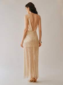 Uhlyne Women's Deep V-Neck Sequin Cami Backless Split Hem Elegant Dress