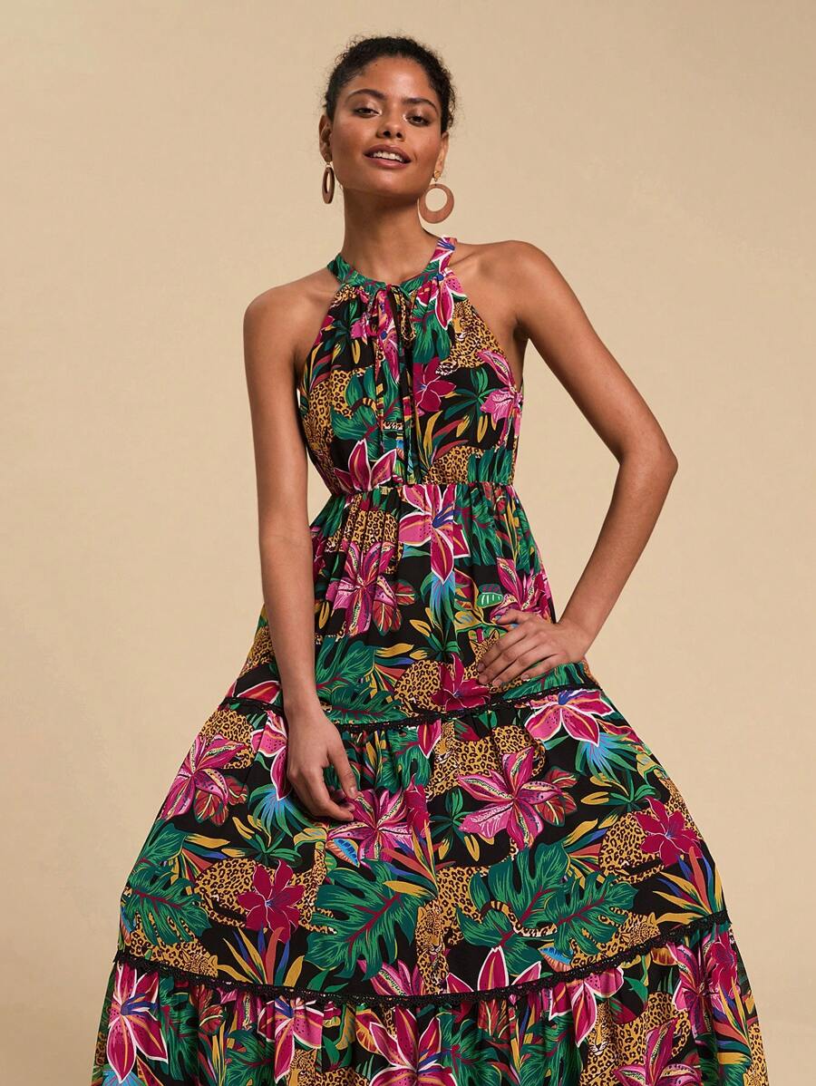 Travachic 女士热带花卉印花荷叶边下摆露背连衣裙，适合海滩度假 - 黑色 - 查看 1