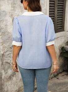 SHEIN LUNE Plus Size Women's Stylish Business Casual Contrasting Blue Striped White Collar Blouse