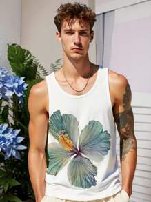Manfinity RSRT Fashion Casual Holiday Style Watercolor Tropical Plants And Flowers Digital Print Pattern Code Men's Fitted Straight Shoulder Tank Top Suitable For Summer Outdoor Vacation Dating Party Wear Suitable For Couples Wear Suitable For Boyfriend Gift - Multicolor - View 13