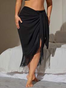 Swim Lushoire Plus Size Women 1pc Long Fringe Hem Sexy Beach Casual Vacation Matching Cover Up Skirt, Summer - Black - View 1