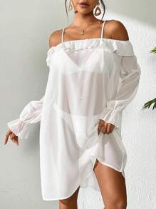 SHEIN Swim Women's White Off Shoulder Casual Cover Up Top, Spring/Summer Beach Vacation - White - View 5