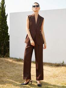 Aveloria Modichic Conjunto de 2 piezas para mujer para ir a trabajar, con chaqueta de metal con hebilla en el cuello en V sin mangas y pantalones de pierna ancha - Café integral - Ver 3