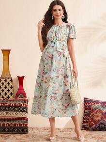SHEIN Maternity Dress With Puff Sleeves, Tie-Front & Floral Print