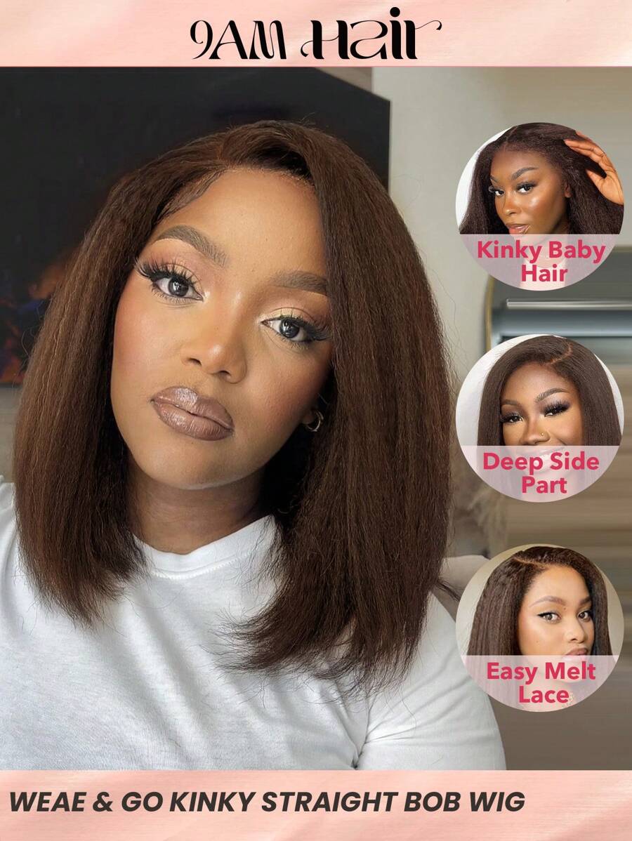 Tóc giả bob thẳng xoăn màu nâu tóc thật cắt sẵn tóc giả ren phía trước với tóc giả 4C 12 inch phần bên tóc giả bob thẳng Yaki - S4 - Xem 1