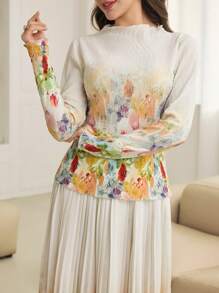 Modelyn 2 chiếc/bộ váy dài tay in họa tiết hoa sơn dầu hiệu ứng xếp ly xòe viền đơn giản cho nữ - Màu vàng - Xem 2