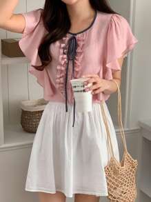 DAZY Nouvelle blouse d'été élégante à nouer, style polyvalent pour femmes, manches courtes, Top à volants mignon - Rose bonbon - Voir 6