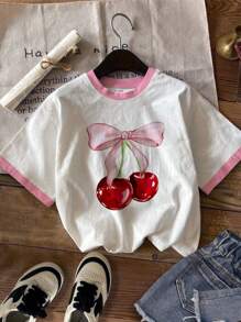SHEIN Cute And Sweet Bow Cherry Print, Pink, Tween Girl Casual Simple Short-Sleeved Round Neck T-Shirt Suitable For Summer