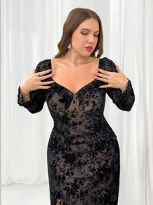 SHEIN Privé Plus Size Elegant Black Cocktail Maxi Dress,Autumn Curve Floral Flocked Square Neck,Ruched Bust,Slit,Ruffle Hem Versatile Professional Party - Black - View 7