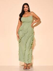 SHEIN BAE Spring Summer Clothes Plus-Size Women's Summer Elegant Tight-Fitting Mesh Elastic Asymmetrical Design Ruffle Suspender Backless Strap Long Dress - Mint Green - View 3