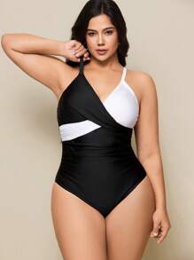 SHEIN Swim Curve Traje de baño de una pieza talla grande, diseño minimalista de bloques de color, adecuado para uso diario, verano, playa, vacaciones para mujeres - Blanco y Negro - Ver 4