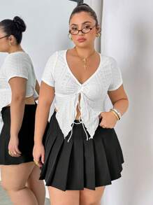 SHEIN EZwear Women Plus Size Textured Fabric Drawstring Front Solid Color T-Shirt For Summer