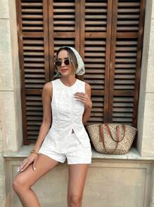 Chiquease 2pcs/Set Fashionable Casual Women Sleeveless Lace Crop Top And High Waisted Shorts Set, Summer - White - View 3