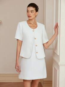 Aveloria Rosie Women's White Simple Elegant Elegant Commuting Versatile Fashion Short-Sleeved Thin Tweed Fabric Suit Jacket   Old Money Style For Summer - White - View 3